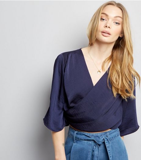 Influence Navy Wrap Front Cropped Blouse | New Look