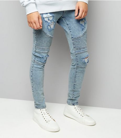 Pale Blue Light Wash Ripped Skinny Stretch Biker Jeans | New Look
