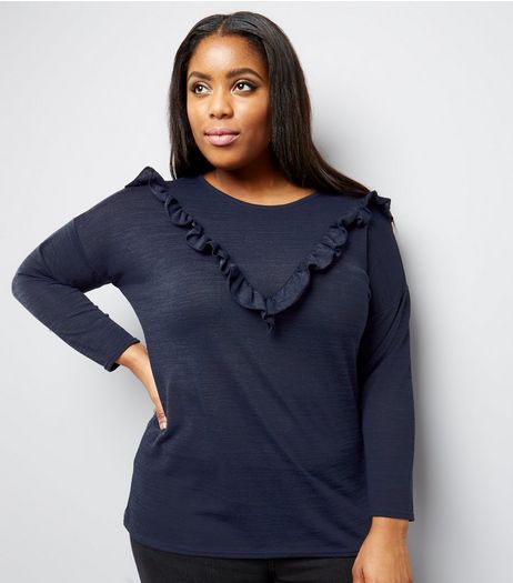 Curves Navy Fine Knit Frill Trim Top | New Look