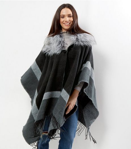 Apricot Black Colour Block Faux Fur Trim Cape | New Look
