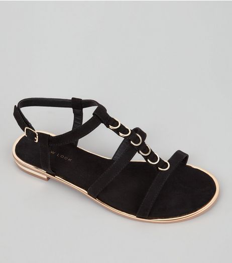 Black Suedette Metal Ring Trim Sandals | New Look