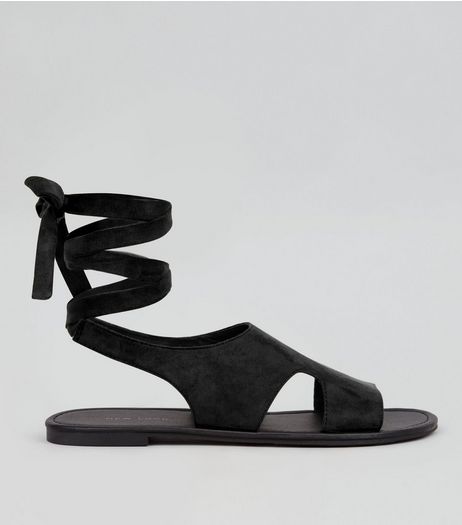 Black Suedette Cut Out Tie Back Sandals | New Look