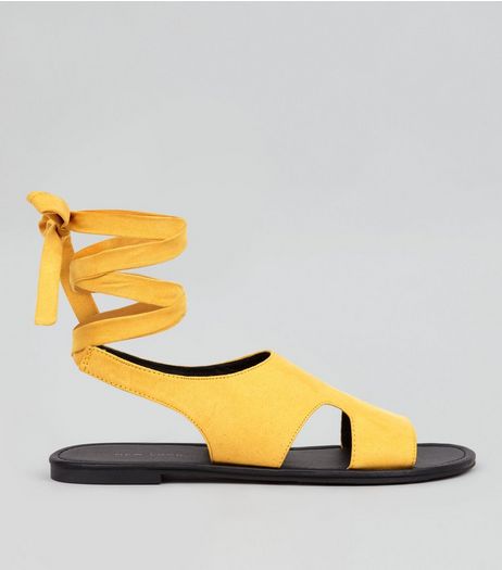Yellow Suedette Ankle Tie Cut Out Sandals | New Look