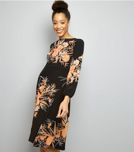Maternity Black Floral Print Funnel Neck Midi Dress | New Look