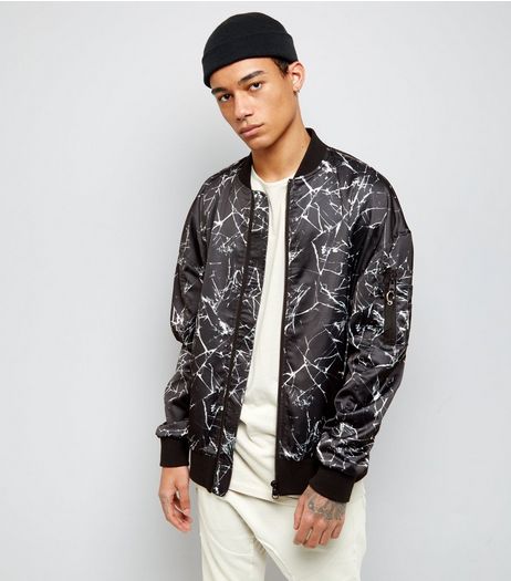 Black Crackle Print Oversized Bomber Jacket | New Look
