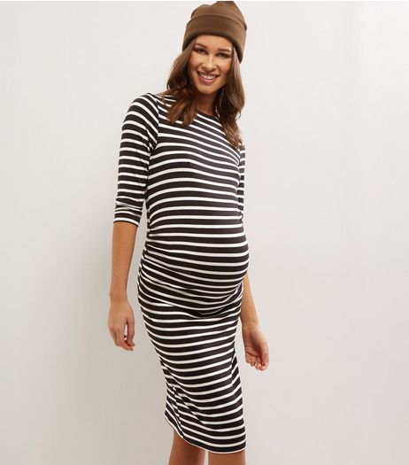 Maternity Black Stripe Ruched Side Midi Dress | New Look