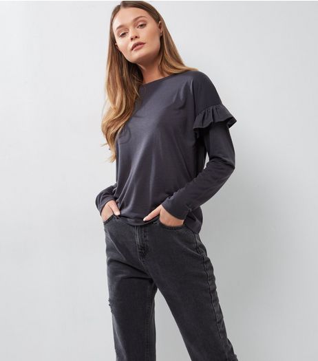 Dark Grey Frill Trim Long Sleeve Top | New Look