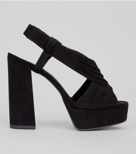 Wide Fit Black Suedette Ruched Cross Strap Platform Heels | New Look