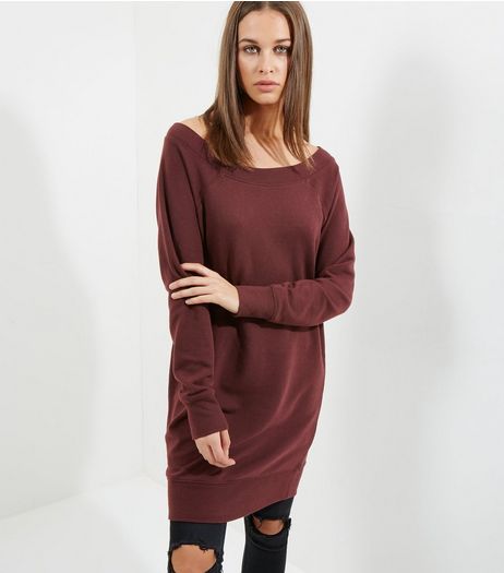 Burgundy Bardot Neck Longline Sweater | New Look