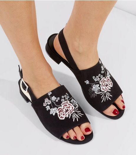 Wide Fit Black Floral Embroidered Mules | New Look