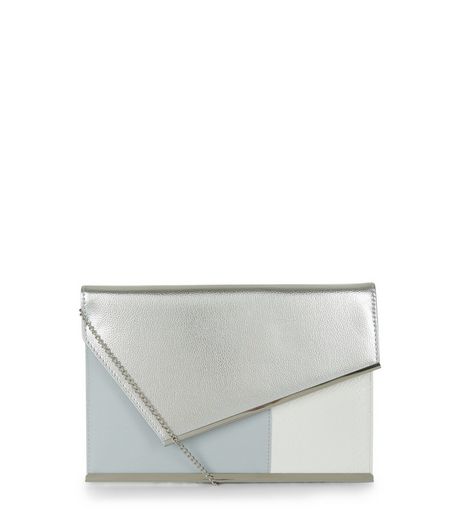 White Colour Block Metallic Panel Clutch | New Look