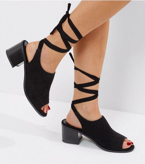 Wide Fit Black Suedette Tie Front Open Toe Sandals | New Look