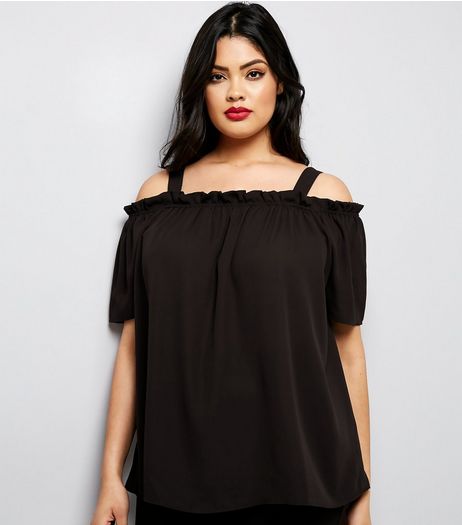 Curves Black Frill Trim Cold Shoulder Bardot Neck Top | New Look