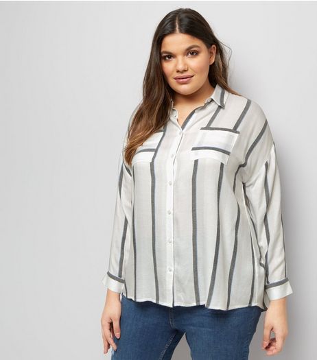 Curves White Stripe Dip Hem Shirt | New Look