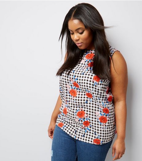 Curves Black Floral Gingham Keyhole Tie Back Top | New Look