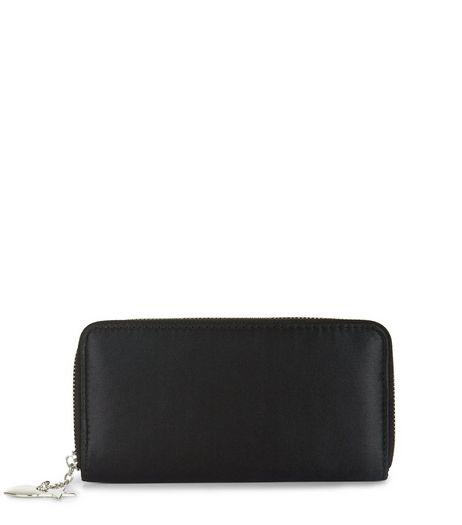 Black Sateen Star Charm Zip Around Purse | New Look