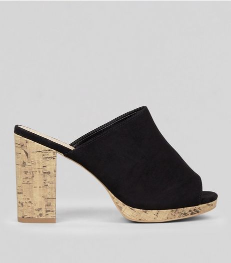 Wide Fit Black Suedette Cork Heeled Mules | New Look