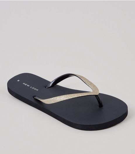 Black Glitter Strap Flip Flops | New Look