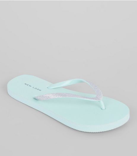 Mint Green Gitter Flip Flops | New Look