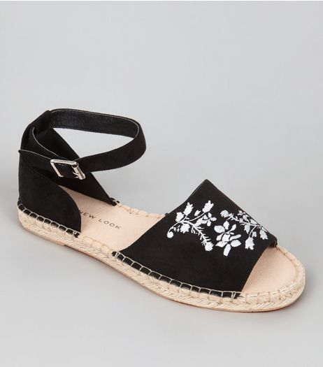 Teens Black Suedette Floral Embroidered Espadrilles | New Look