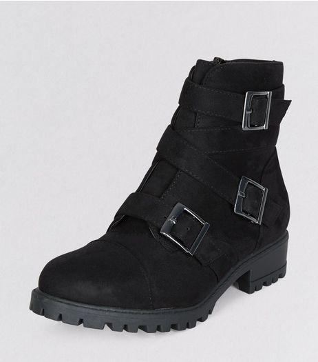 Teens Black Suedette Triple Buckle Boots | New Look