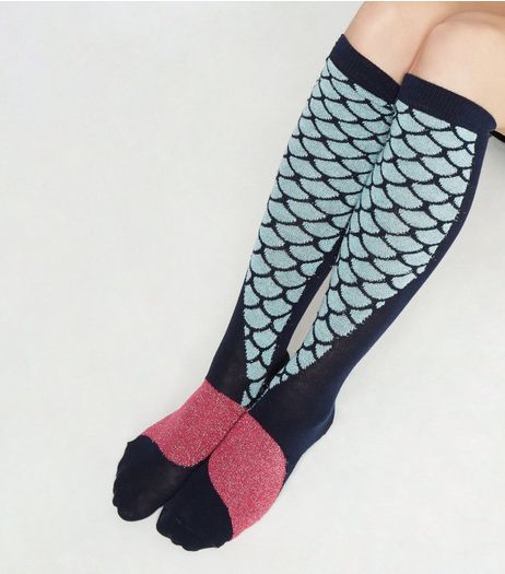 Navy Mermaid Tail Print Knee High Socks | New Look