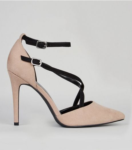 Wide Fit Mink Contrast Cross Strap Pointed Heels | New Look