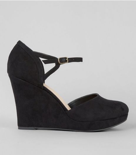 Wide Fit Black Comfort Suedette Platform Wedges Heels | New Look
