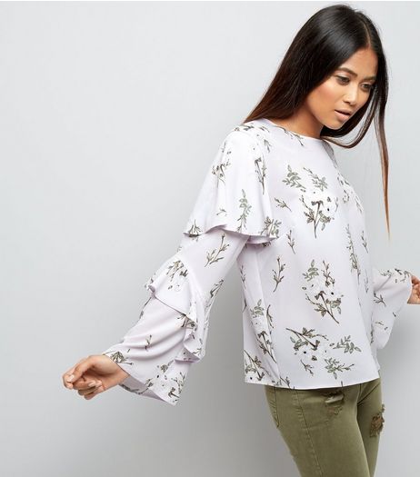 Petite White Floral Print Frill Trim Layered Sleeve Top | New Look