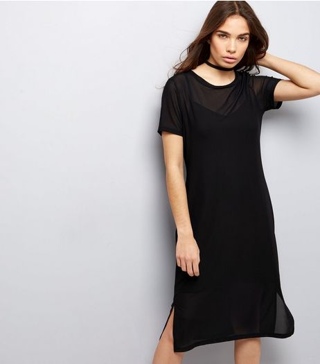 Petite Black Mesh Split Side Midi T-Shirt Dress | New Look