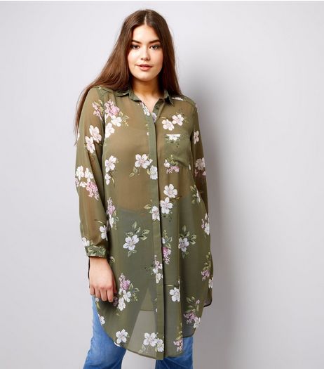 Curves Green Floral Print Chiffon Longline Shirt | New Look
