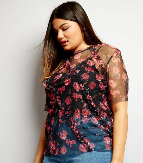 Curves Red Floral Print Frill Trim Mesh T-Shirt | New Look