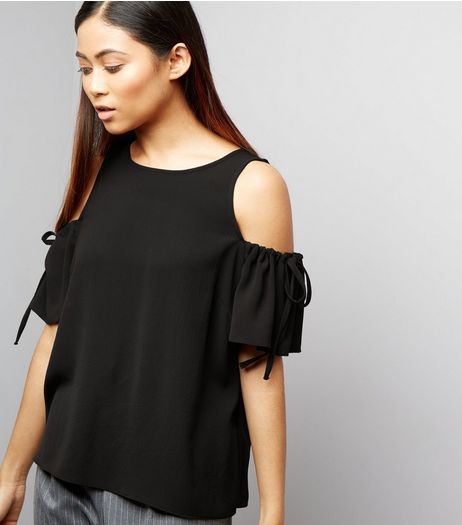 Petite Black Ruched Tie Cold Shoulder Top | New Look