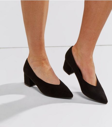 Wide Fit Black Suedette V Throat Court Shoes | New Look