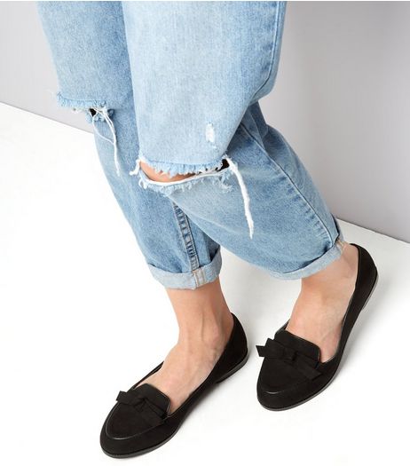 Wide Fit Black Suedette Bow Front Loafers | New Look
