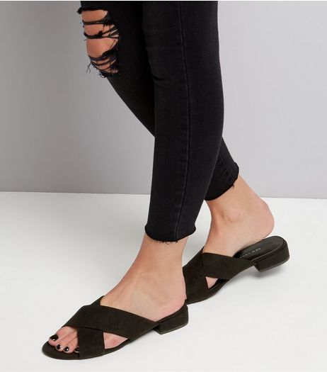 Wide Fit Black Suedette Cross Strap Mules | New Look