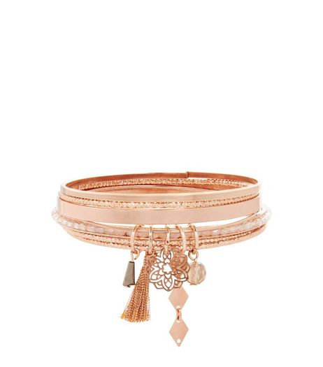 8 Pack Rose Gold Charm Drop Bangles | New Look