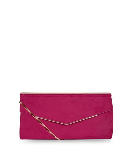 Bright Pink Suedette Metal Trim Clutch | New Look
