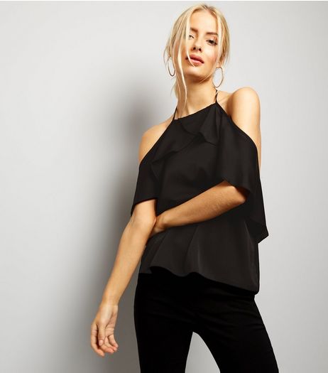 Black Sateen Frill Trim Halter Neck Top | New Look