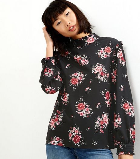 Innocence Black Floral Frill Trim Funnel Neck Top | New Look