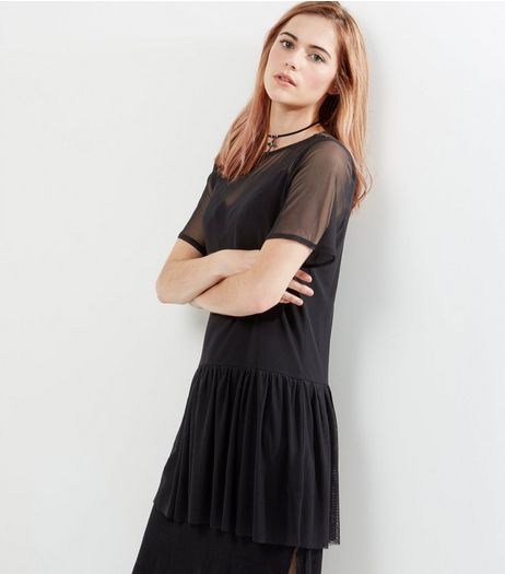 Innocence Black Mesh Gathered Drop Hem Dress | New Look