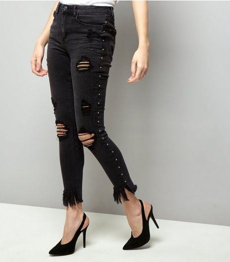 Black Stud Trim Ripped Skinny Jeans | New Look