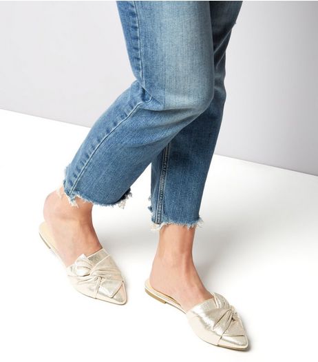 Gold Metallic Satin Knot Front Pointed Mules | New Look