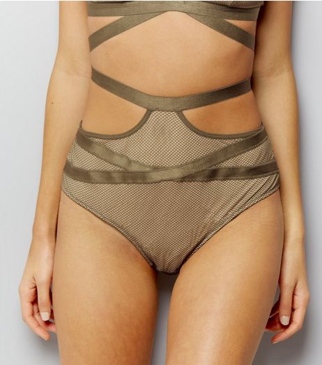 Olive Green Strappy Fishnet High Waist Briefs | New Look