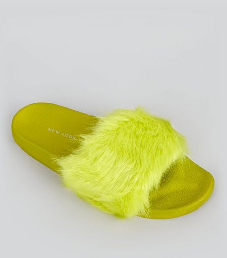Lime Green Faux Fur Mules | New Look