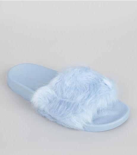 Pale Blue Faux Fur Mules | New Look