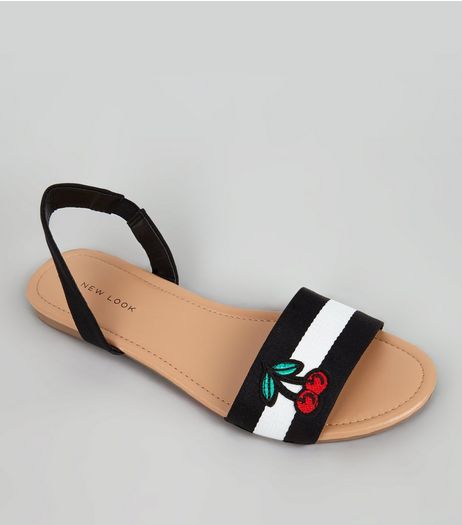 Black Stripe Applique Cherry Sandals | New Look