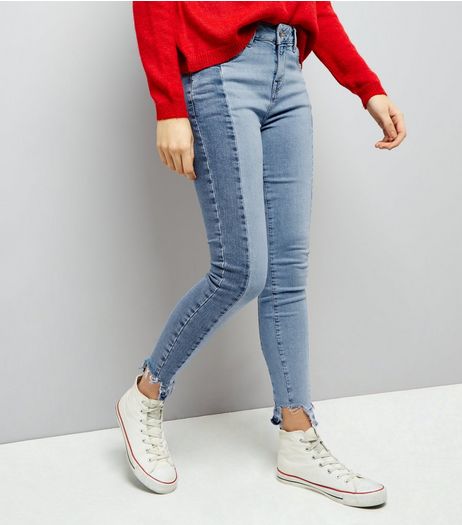 Blue Two Tone Fray Hem Skinny Jenna Jeans | New Look