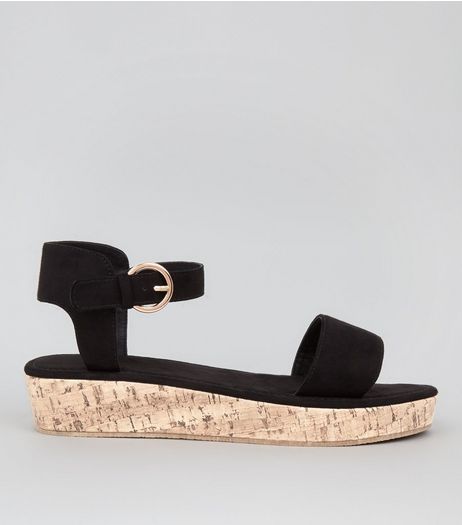 Black Suedette Cork Sole Sandals | New Look