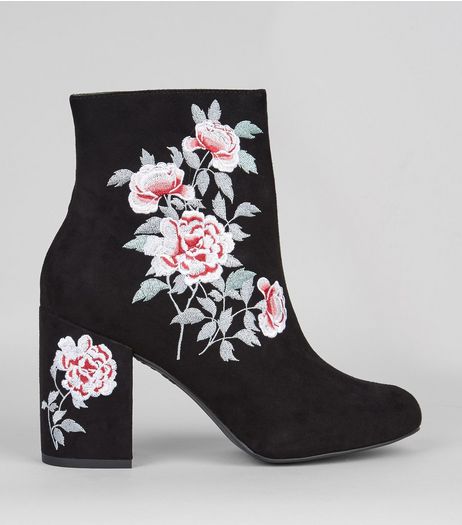 Black Suedette Floral Embroidered Boots | New Look